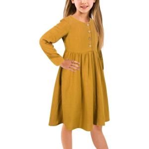 imageGORLYA Girls Short Sleeve Button Up Pleated Waist Loose Casual Linen Midi Dress with Pockets for 412 Years KidsYellow Color  Long Sleeve