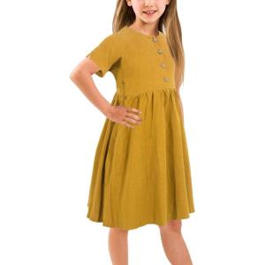 imageGORLYA Girls Short Sleeve Button Up Pleated Waist Loose Casual Linen Midi Dress with Pockets for 412 Years KidsYellow Color