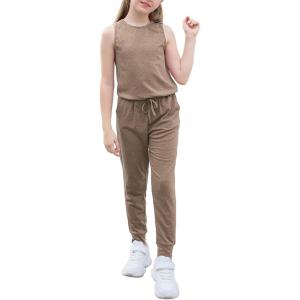 imageGORLYA Girls Sleeveless Solid Casual Jumpsuit Rompers Harem Pants Outfits for 414TBrown