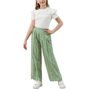 imageGORLYA Girls Clothing Sets Ruffle Trim Short Sleeve Tops Casual Printed Pleated Wide Leg Pants 2 PCS Outfit Suits 614YGreen Flower