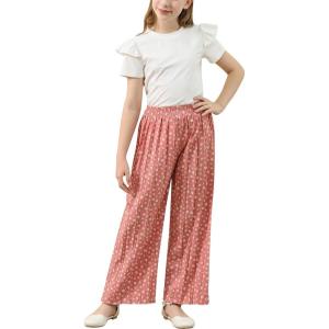 imageGORLYA Girls Clothing Sets Ruffle Trim Short Sleeve Tops Casual Printed Pleated Wide Leg Pants 2 PCS Outfit Suits 614YPink Flower