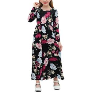 imageGORLYA Girls Long Sleeve Floral Print Loose Casual Holiday Long Maxi Dress with Pockets 412 YearsBlack Peonylong Sleeve