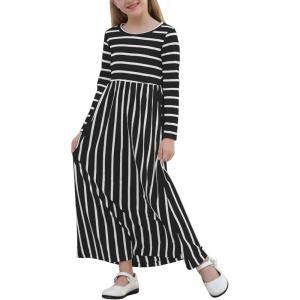 imageGORLYA Girls Long Sleeve Floral Print Loose Casual Holiday Long Maxi Dress with Pockets 412 YearsBlack Stripelong Sleeve
