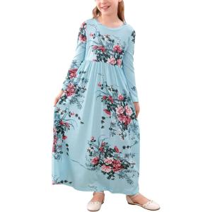 imageGORLYA Girls Long Sleeve Floral Print Loose Casual Holiday Long Maxi Dress with Pockets 412 YearsBlue Print
