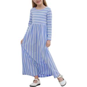 imageGORLYA Girls Long Sleeve Floral Print Loose Casual Holiday Long Maxi Dress with Pockets 412 YearsBlue Stripelong Sleeve