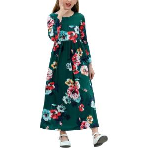 imageGORLYA Girls Long Sleeve Floral Print Loose Casual Holiday Long Maxi Dress with Pockets 412 YearsGreen Printlong Sleeve