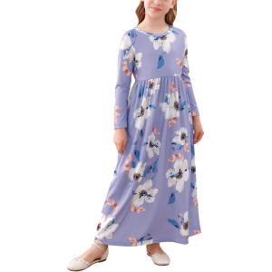 imageGORLYA Girls Long Sleeve Floral Print Loose Casual Holiday Long Maxi Dress with Pockets 412 YearsMauve Print
