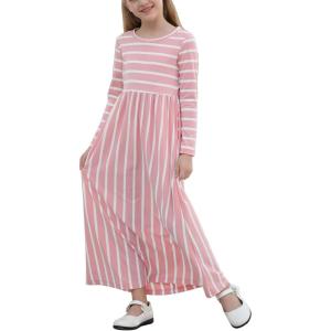 imageGORLYA Girls Long Sleeve Floral Print Loose Casual Holiday Long Maxi Dress with Pockets 412 YearsPink Stripelong Sleeve