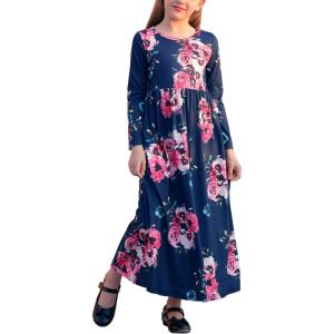 imageGORLYA Girls Long Sleeve Floral Print Loose Casual Holiday Long Maxi Dress with Pockets 412 YearsRed Flowerlong Sleeve