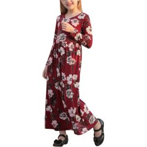 imageGORLYA Girls Long Sleeve Floral Print Loose Casual Holiday Long Maxi Dress with Pockets 412 YearsRed Printlong Sleeve