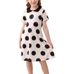 imageGORLYA Girls Short Sleeve Casual Vintage Peter Pan Collar Fit and Flare Skater Party Dress with Pockets 412 YearsBeige Dot