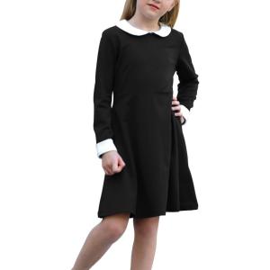 imageGORLYA Girls Short Sleeve Casual Vintage Peter Pan Collar Fit and Flare Skater Party Dress with Pockets 412 YearsBlack Color  Long Sleeve