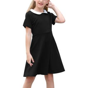 imageGORLYA Girls Short Sleeve Casual Vintage Peter Pan Collar Fit and Flare Skater Party Dress with Pockets 412 YearsBlack Color