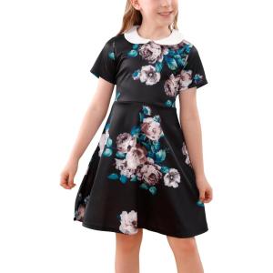 imageGORLYA Girls Short Sleeve Casual Vintage Peter Pan Collar Fit and Flare Skater Party Dress with Pockets 412 YearsBlack Print