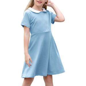 imageGORLYA Girls Short Sleeve Casual Vintage Peter Pan Collar Fit and Flare Skater Party Dress with Pockets 412 YearsBlue