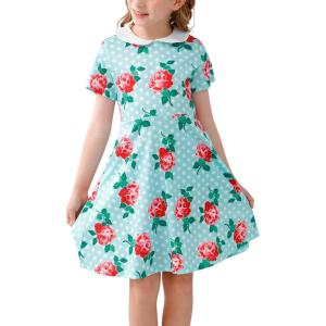 imageGORLYA Girls Short Sleeve Casual Vintage Peter Pan Collar Fit and Flare Skater Party Dress with Pockets 412 YearsBlue Dot Print