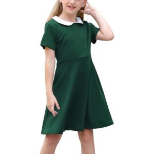 imageGORLYA Girls Short Sleeve Casual Vintage Peter Pan Collar Fit and Flare Skater Party Dress with Pockets 412 YearsGreen Color