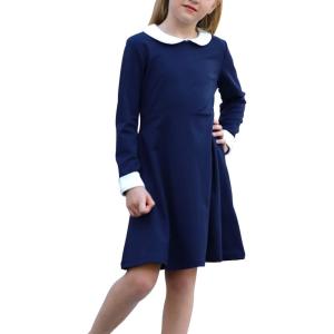 imageGORLYA Girls Short Sleeve Casual Vintage Peter Pan Collar Fit and Flare Skater Party Dress with Pockets 412 YearsNavy Color  Long Sleeve