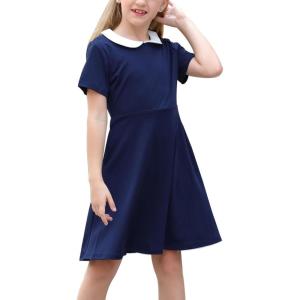 imageGORLYA Girls Short Sleeve Casual Vintage Peter Pan Collar Fit and Flare Skater Party Dress with Pockets 412 YearsNavy Color