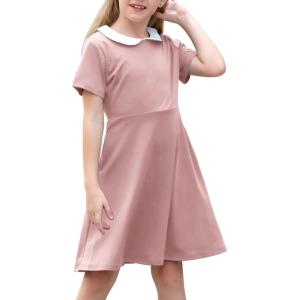 imageGORLYA Girls Short Sleeve Casual Vintage Peter Pan Collar Fit and Flare Skater Party Dress with Pockets 412 YearsPink