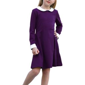 imageGORLYA Girls Short Sleeve Casual Vintage Peter Pan Collar Fit and Flare Skater Party Dress with Pockets 412 YearsPurple  Long Sleeve