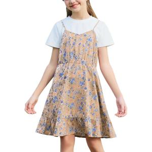 imageGORLYA Girls Skirt Sets Casual Short Sleeve Knit Tops and Floral Ruffle Hem Summer Cami Dress 2PCS Outfit Clothes 614YBrown Print