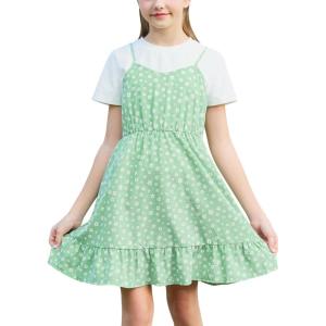 imageGORLYA Girls Skirt Sets Casual Short Sleeve Knit Tops and Floral Ruffle Hem Summer Cami Dress 2PCS Outfit Clothes 614YGreen Flower