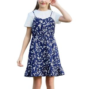 imageGORLYA Girls Skirt Sets Casual Short Sleeve Knit Tops and Floral Ruffle Hem Summer Cami Dress 2PCS Outfit Clothes 614YNavy Print