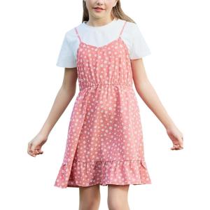 imageGORLYA Girls Skirt Sets Casual Short Sleeve Knit Tops and Floral Ruffle Hem Summer Cami Dress 2PCS Outfit Clothes 614YPink Flower