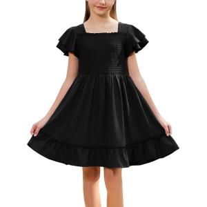 imageGORLYA Girls Square Neck Elegant Flowy Sleeve Shirred Bodice Ruffle Hem Babydoll ALine Dress 614YBlack