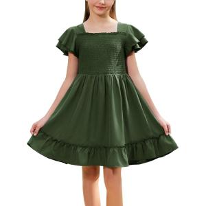 imageGORLYA Girls Square Neck Elegant Flowy Sleeve Shirred Bodice Ruffle Hem Babydoll ALine Dress 614YGreen