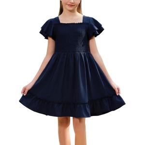 imageGORLYA Girls Square Neck Elegant Flowy Sleeve Shirred Bodice Ruffle Hem Babydoll ALine Dress 614YNavy