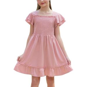 imageGORLYA Girls Square Neck Elegant Flowy Sleeve Shirred Bodice Ruffle Hem Babydoll ALine Dress 614YPink