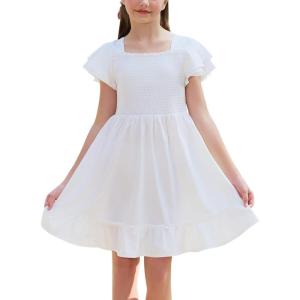 imageGORLYA Girls Square Neck Elegant Flowy Sleeve Shirred Bodice Ruffle Hem Babydoll ALine Dress 614YWhite