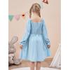 imageGORLYA Girls Long Puff Sleeve Square Neck Boho Frilly Smocked Shirred Flared Midi Dress 414TBlue