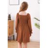 imageGORLYA Girls Long Puff Sleeve Square Neck Boho Frilly Smocked Shirred Flared Midi Dress 414TBrown