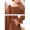 imageGORLYA Girls Long Puff Sleeve Square Neck Boho Frilly Smocked Shirred Flared Midi Dress 414TBrown