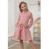 imageGORLYA Girls Mesh Long Sleeve Peter Pan Collar Casual Vintage Aline Party Belted Dress with Pockets for 414TPink