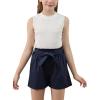 imageGORLYA Girls 2 Piece Clothing Outfits Summer Casual Rib Knit Tank Tops and Paperbag Waist Belted Linen Short Sets 614YNavywhite