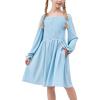 imageGORLYA Girls Long Puff Sleeve Square Neck Boho Frilly Smocked Shirred Flared Midi Dress 414TBlue