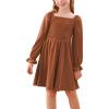 imageGORLYA Girls Long Puff Sleeve Square Neck Boho Frilly Smocked Shirred Flared Midi Dress 414TBrown