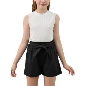 imageGORLYA Girls 2 Piece Clothing Outfits Summer Casual Rib Knit Tank Tops and Paperbag Waist Belted Linen Short Sets 614YBlackwhite