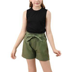 imageGORLYA Girls 2 Piece Clothing Outfits Summer Casual Rib Knit Tank Tops and Paperbag Waist Belted Linen Short Sets 614YGreenblack