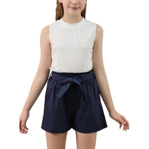 imageGORLYA Girls 2 Piece Clothing Outfits Summer Casual Rib Knit Tank Tops and Paperbag Waist Belted Linen Short Sets 614YNavywhite