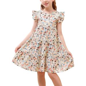 imageGORLYA Girls Floral Print Ruffle Sleeve Tiered Loose Fit Pleated Swing Midi Dress 414TBeige Print