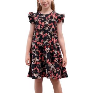 imageGORLYA Girls Floral Print Ruffle Sleeve Tiered Loose Fit Pleated Swing Midi Dress 414TBlack Print