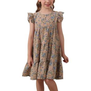 imageGORLYA Girls Floral Print Ruffle Sleeve Tiered Loose Fit Pleated Swing Midi Dress 414TBrown Print