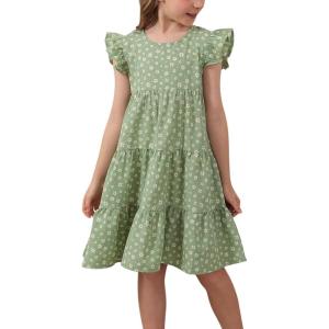 imageGORLYA Girls Floral Print Ruffle Sleeve Tiered Loose Fit Pleated Swing Midi Dress 414TGreen Flower