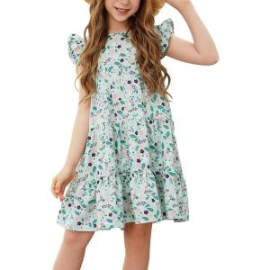 imageGORLYA Girls Floral Print Ruffle Sleeve Tiered Loose Fit Pleated Swing Midi Dress 414TGreen Print