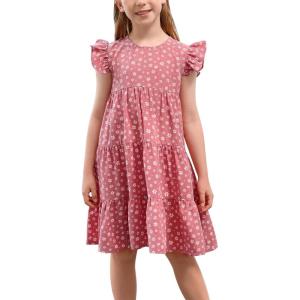 imageGORLYA Girls Floral Print Ruffle Sleeve Tiered Loose Fit Pleated Swing Midi Dress 414TPink Flower